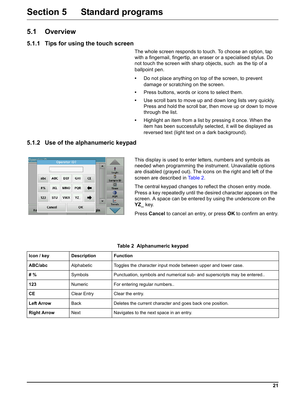 Section 5 standard programs, 1 overview, 1 tips for using the touch screen | 2 use of the alphanumeric keypad | Hach-Lange LICO 690 User Manual User Manual | Page 21 / 114