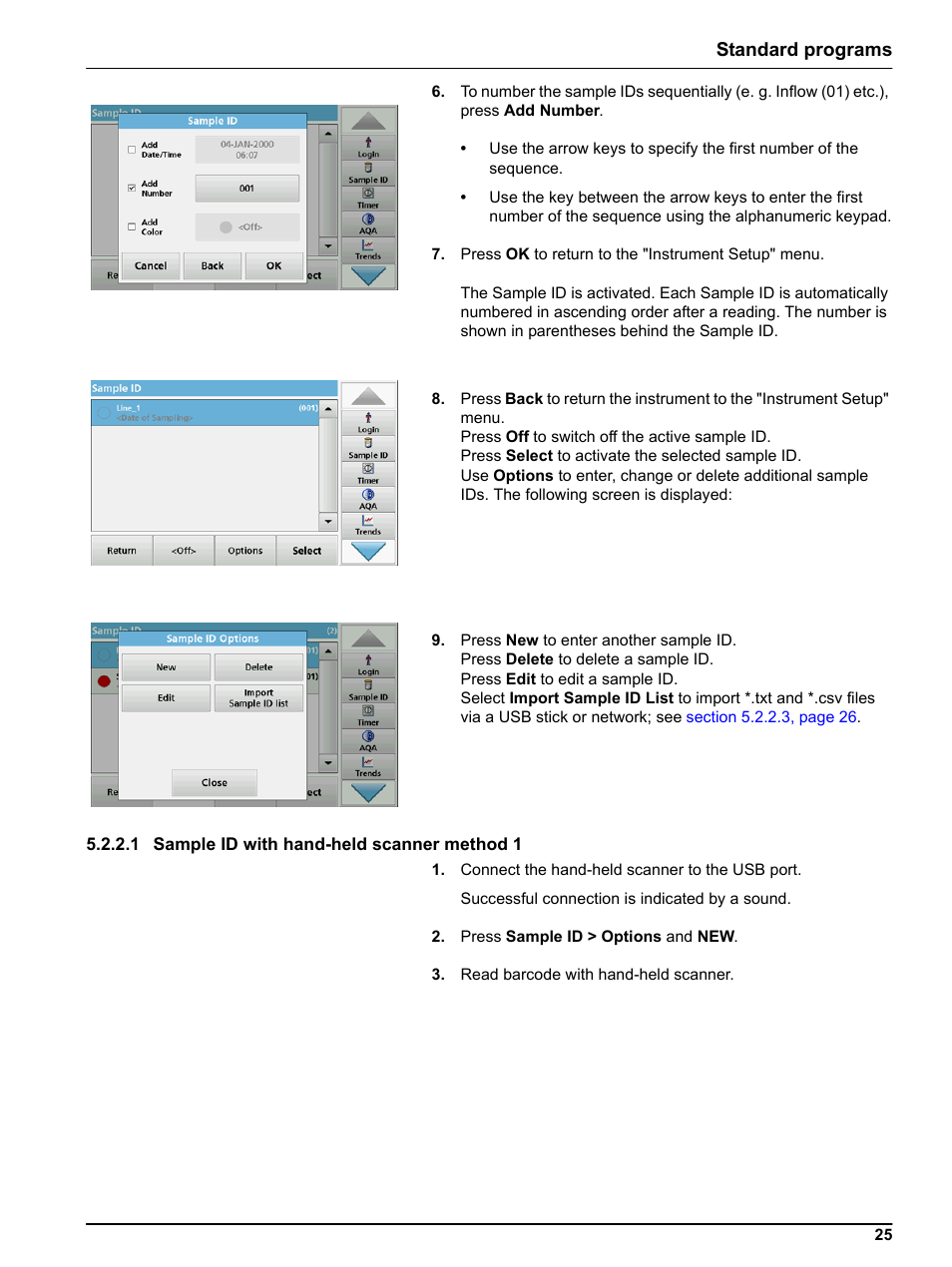 1 sample id with hand-held scanner method 1, Section 5.2.2.1, Standard programs | Hach-Lange LICO 690 User Manual User Manual | Page 25 / 114