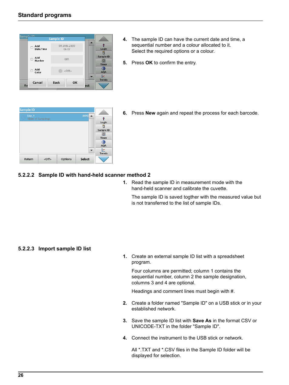 2 sample id with hand-held scanner method 2, 3 import sample id list, Standard programs | Hach-Lange LICO 690 User Manual User Manual | Page 26 / 114