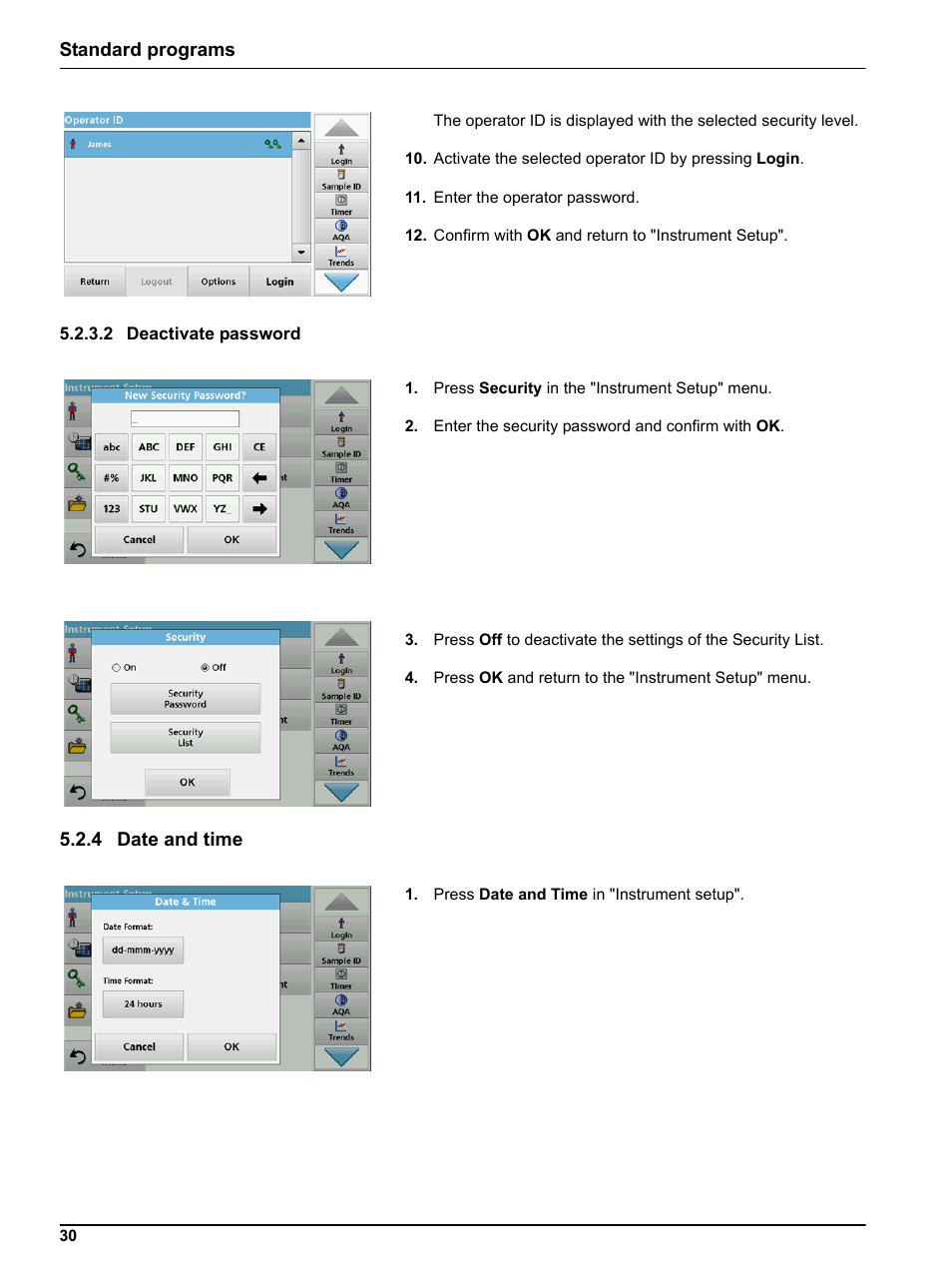 2 deactivate password, 4 date and time | Hach-Lange LICO 690 User Manual User Manual | Page 30 / 114