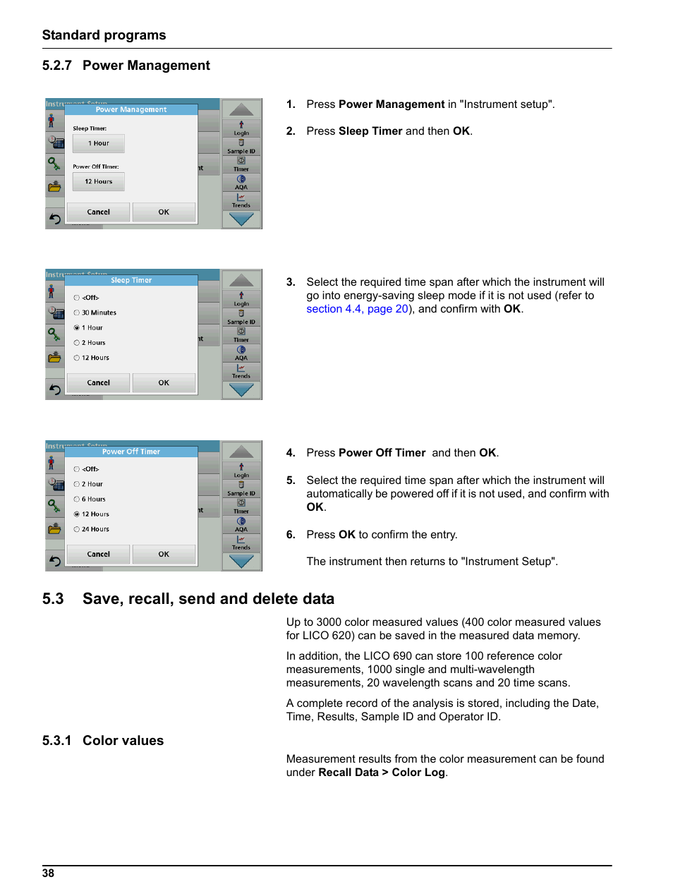 7 power management, 3 save, recall, send and delete data, 1 color values | Hach-Lange LICO 690 User Manual User Manual | Page 38 / 114