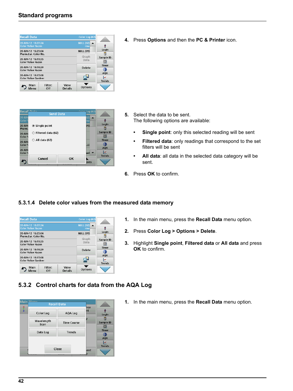 2 control charts for data from the aqa log, Standard programs | Hach-Lange LICO 690 User Manual User Manual | Page 42 / 114