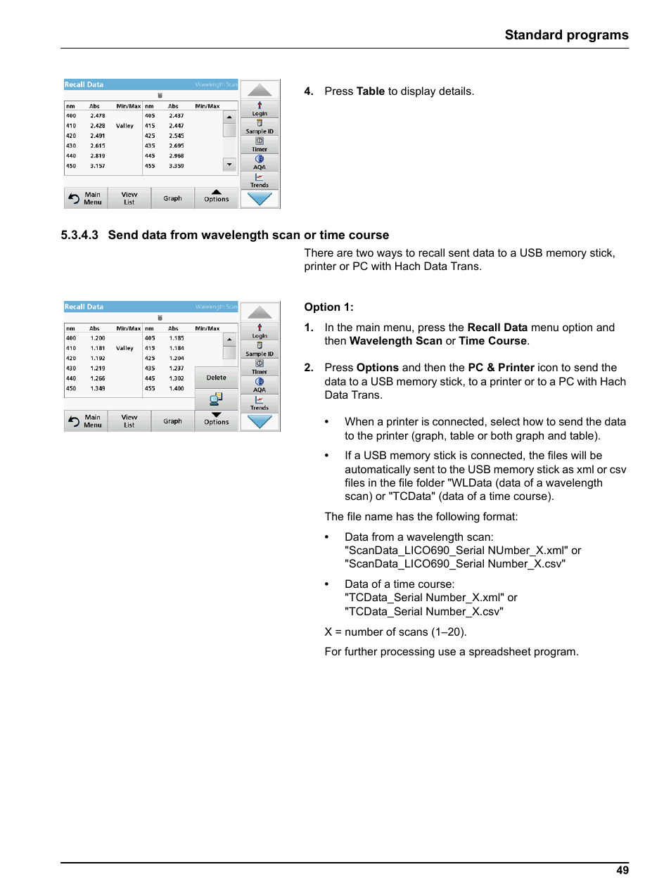3 send data from wavelength scan or time course, Standard programs | Hach-Lange LICO 690 User Manual User Manual | Page 49 / 114