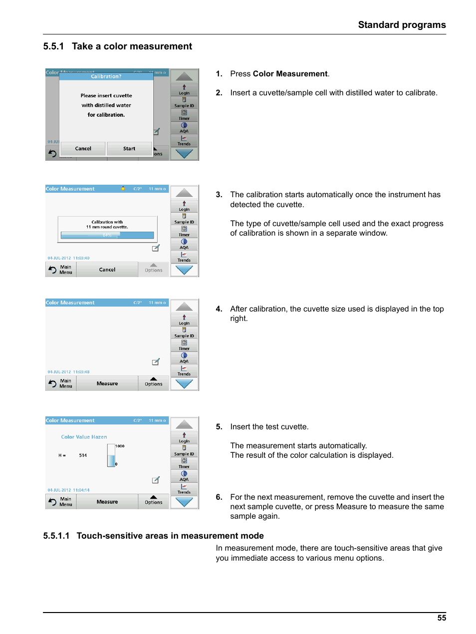 1 take a color measurement, 1 touch-sensitive areas in measurement mode, Standard programs 5.5.1 take a color measurement | Hach-Lange LICO 690 User Manual User Manual | Page 55 / 114