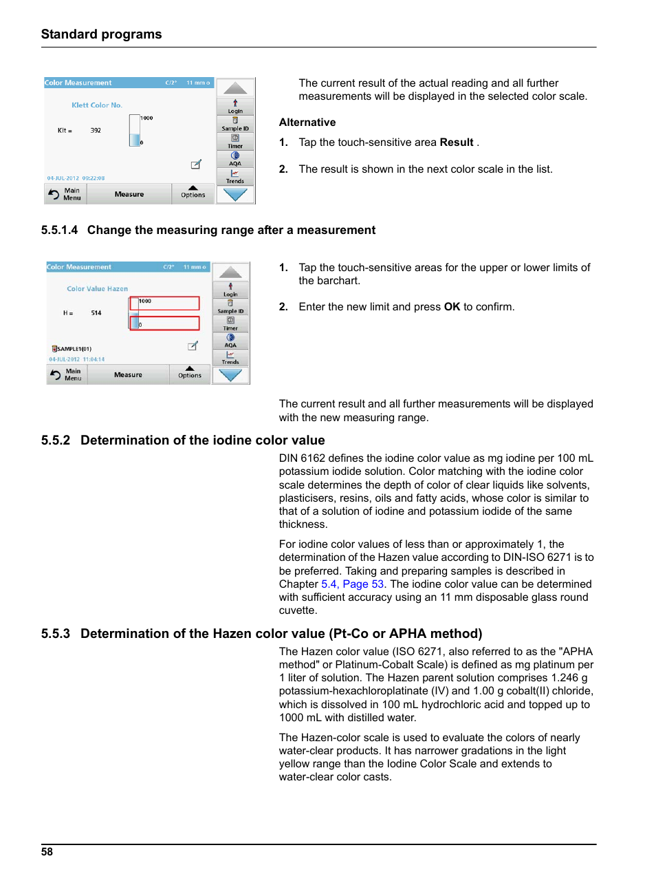 4 change the measuring range after a measurement, 2 determination of the iodine color value, Standard programs | Hach-Lange LICO 690 User Manual User Manual | Page 58 / 114