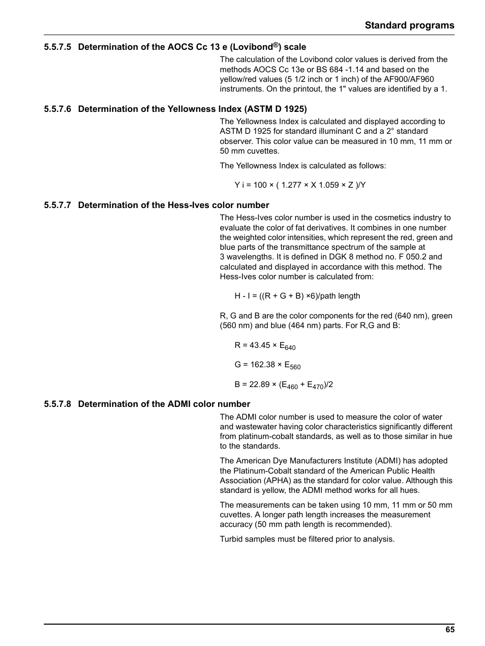 7 determination of the hess-ives color number, 8 determination of the admi color number, 5 determination of the aocs cc 13 e (lovibond | Standard programs | Hach-Lange LICO 690 User Manual User Manual | Page 65 / 114