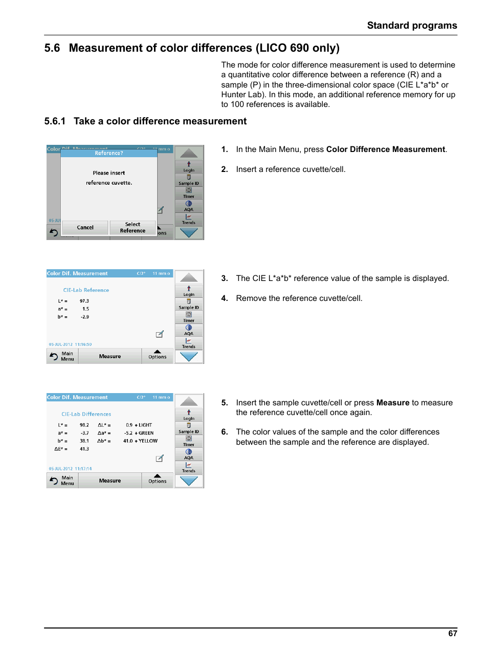 6 measurement of color differences (lico 690 only), 1 take a color difference measurement | Hach-Lange LICO 690 User Manual User Manual | Page 67 / 114