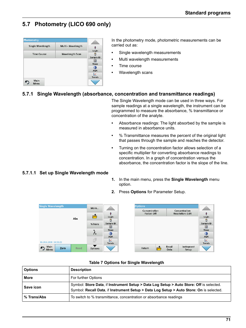 7 photometry (lico 690 only), 1 set up single wavelength mode, Standard programs | Hach-Lange LICO 690 User Manual User Manual | Page 71 / 114