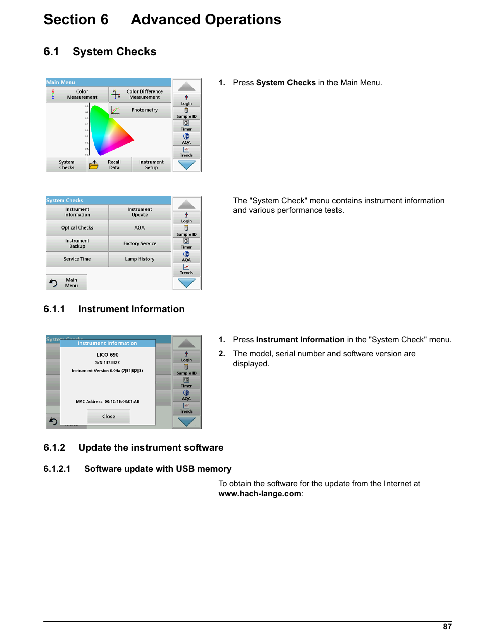 Section 6 advanced operations, 1 system checks, 1 instrument information | 2 update the instrument software, 1 software update with usb memory | Hach-Lange LICO 690 User Manual User Manual | Page 87 / 114