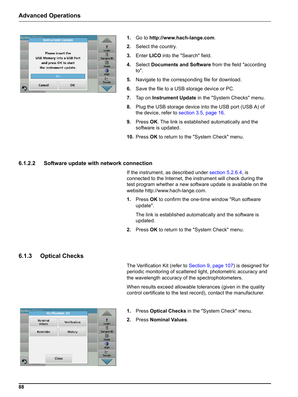 2 software update with network connection, 3 optical checks, Advanced operations | Hach-Lange LICO 690 User Manual User Manual | Page 88 / 114