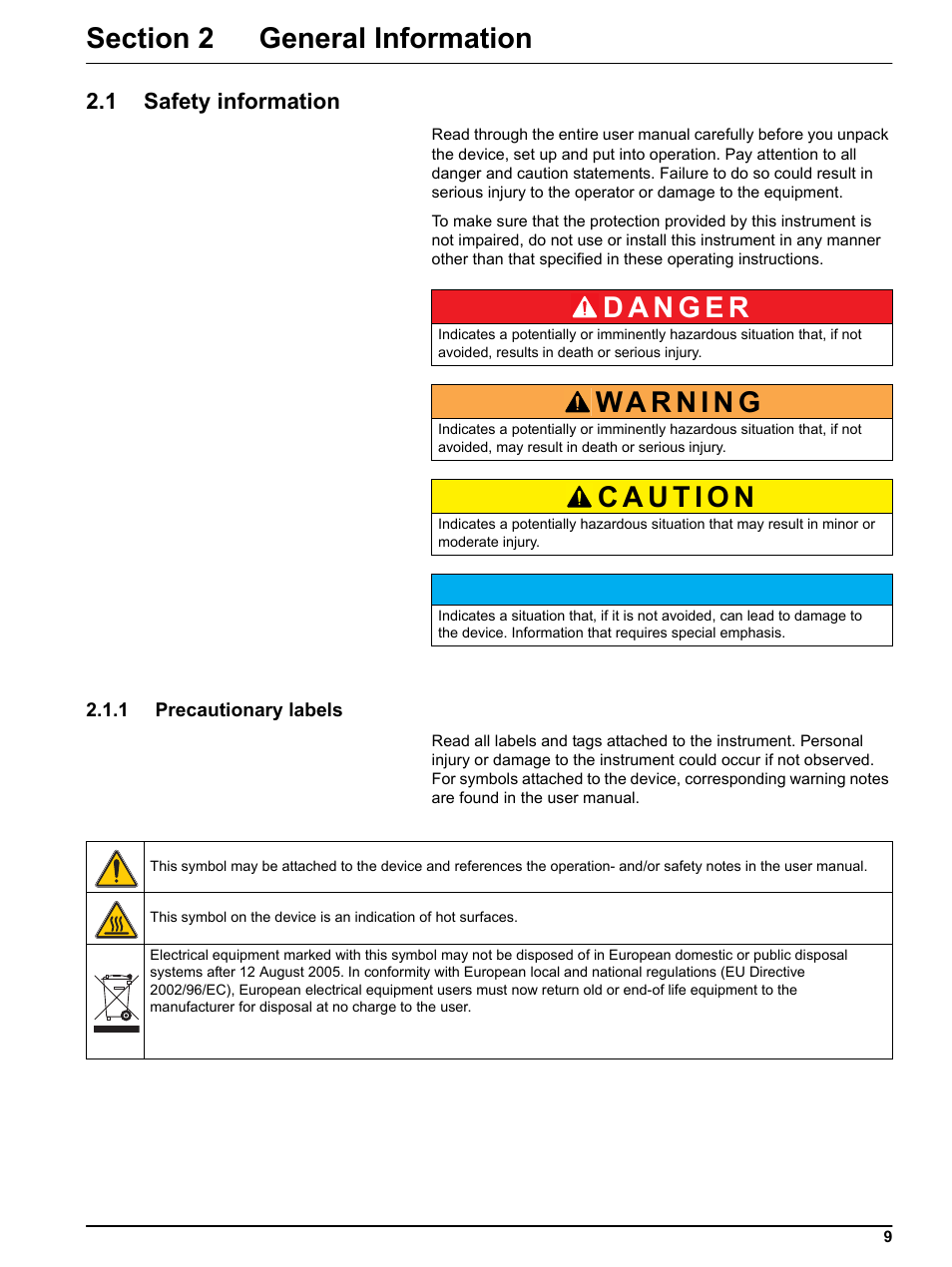 Section 2 general information, 1 safety information, 1 precautionary labels | Hach-Lange LICO 690 User Manual User Manual | Page 9 / 114