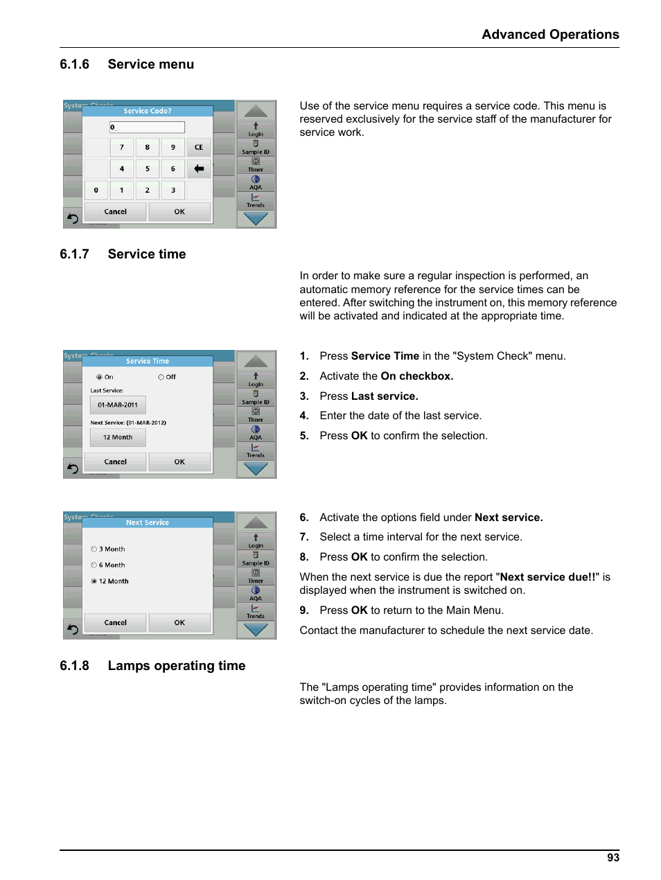 6 service menu, 7 service time, 8 lamps operating time | Hach-Lange LICO 690 User Manual User Manual | Page 93 / 114