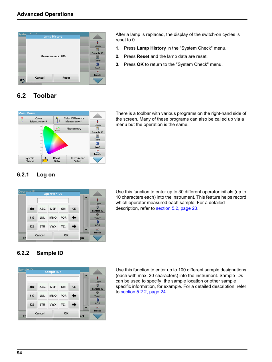 2 toolbar, 1 log on, 2 sample id | 1 log on 6.2.2 sample id | Hach-Lange LICO 690 User Manual User Manual | Page 94 / 114