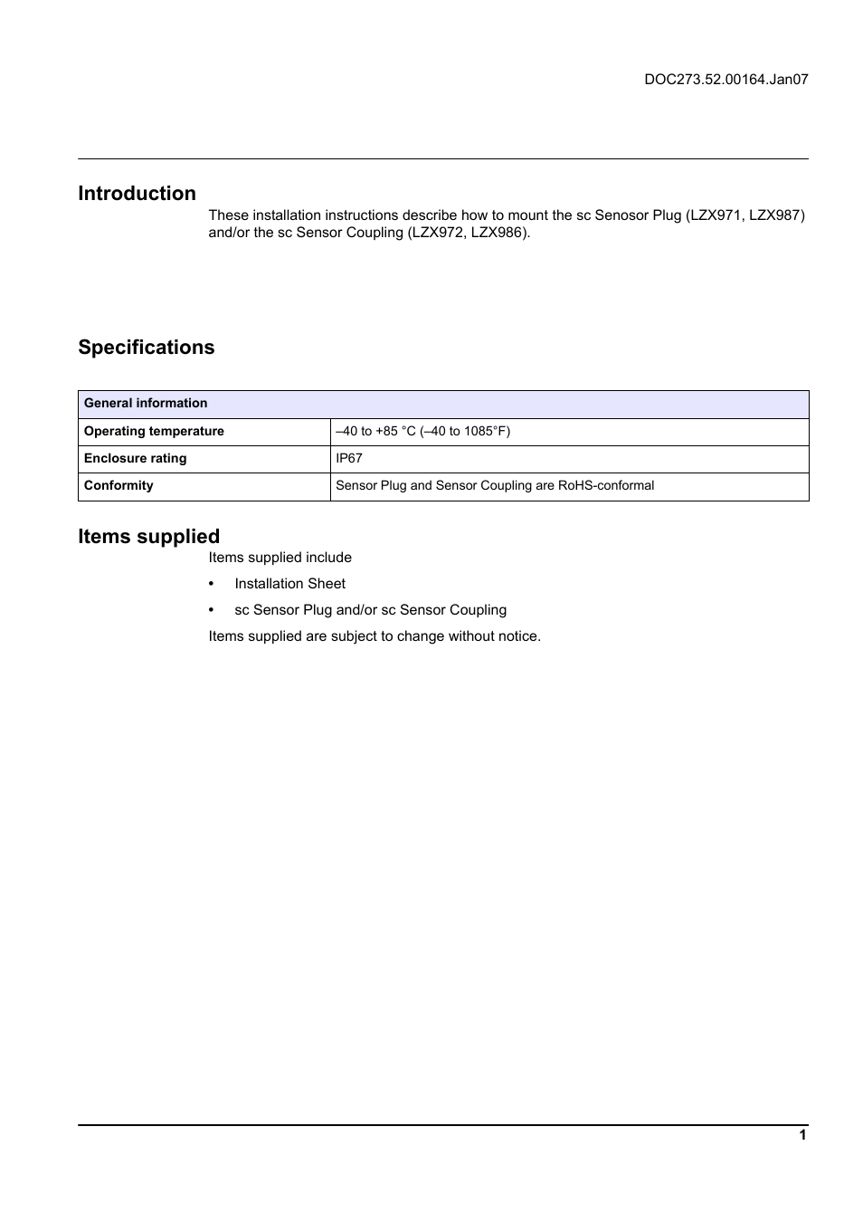 Installation sheet, Sc sensor plug and sc sensor coupling, Introduction | Specifications, Items supplied | Hach-Lange SC Sensor Plug and SC Sensor Coupling User Manual | Page 3 / 8