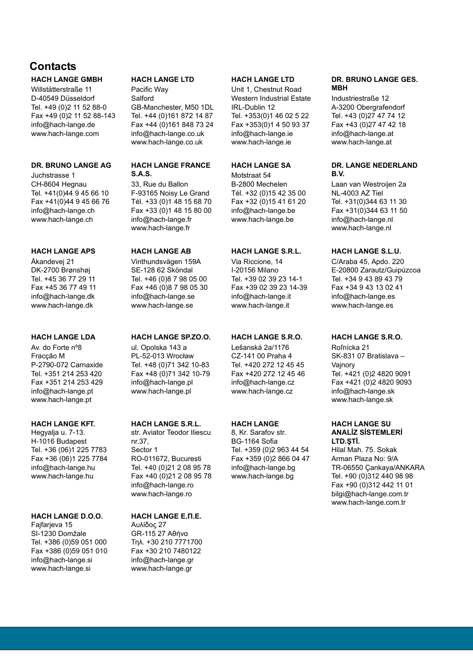 Contacts | Hach-Lange SC Sensor Plug and SC Sensor Coupling User Manual | Page 8 / 8