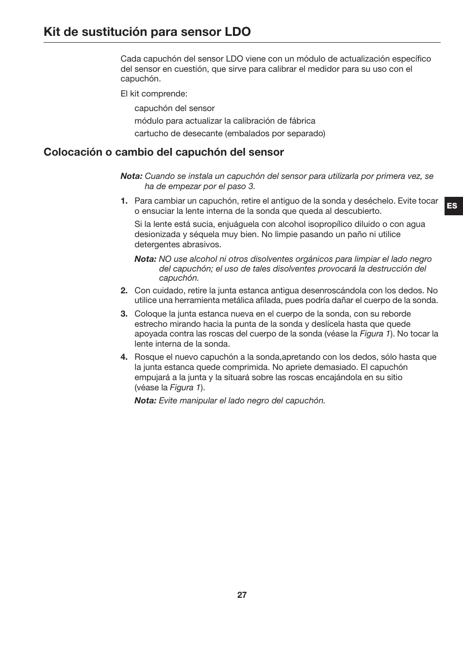 Kit de sustitución para sensor ldo, Colocación o cambio del capuchón del sensor | Hach-Lange LDO Sensor Replacement Kit for use with Hach HQ10 and HQ20 User Manual | Page 27 / 43