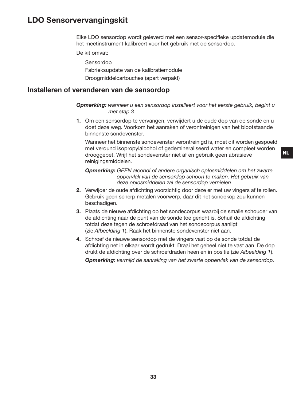 Ldo sensorvervangingskit, Installeren of veranderen van de sensordop | Hach-Lange LDO Sensor Replacement Kit for use with Hach HQ10 and HQ20 User Manual | Page 33 / 43