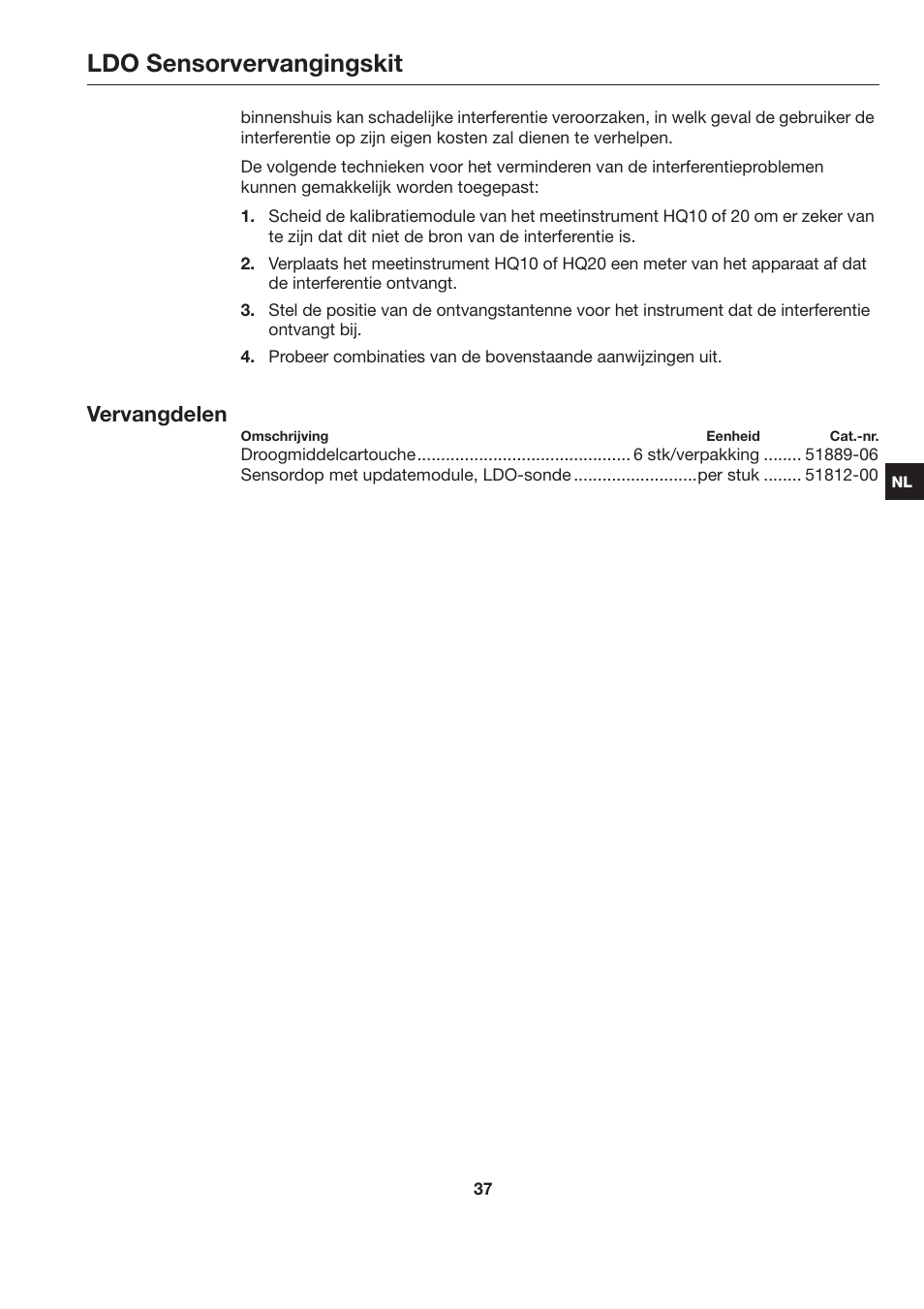 Ldo sensorvervangingskit, Vervangdelen | Hach-Lange LDO Sensor Replacement Kit for use with Hach HQ10 and HQ20 User Manual | Page 37 / 43