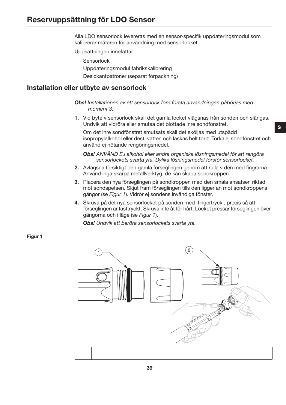Reservuppsättning för ldo sensor, Installation eller utbyte av sensorlock | Hach-Lange LDO Sensor Replacement Kit for use with Hach HQ10 and HQ20 User Manual | Page 39 / 43