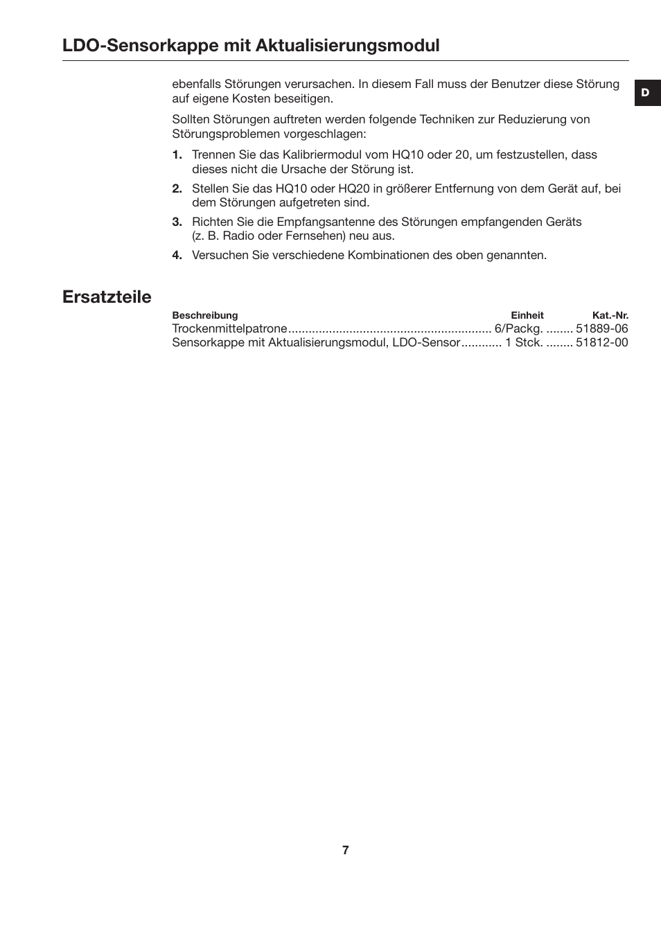 Ldo-sensorkappe mit aktualisierungsmodul, Ersatzteile | Hach-Lange LDO Sensor Replacement Kit for use with Hach HQ10 and HQ20 User Manual | Page 7 / 43