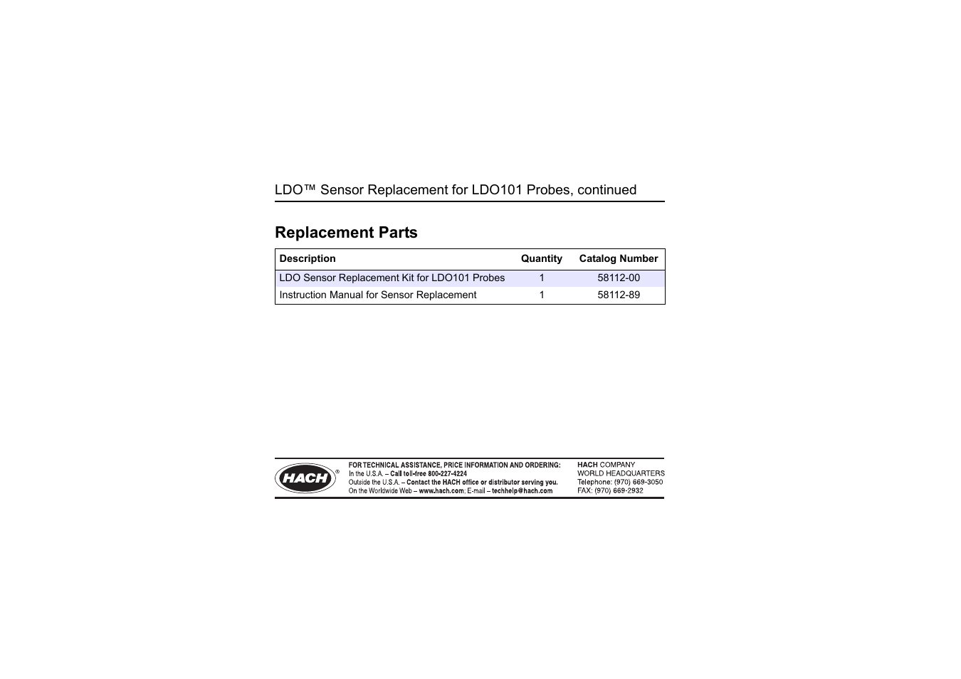 Replacement parts | Hach-Lange LDO Sensor Replacement Kit User Manual | Page 8 / 8