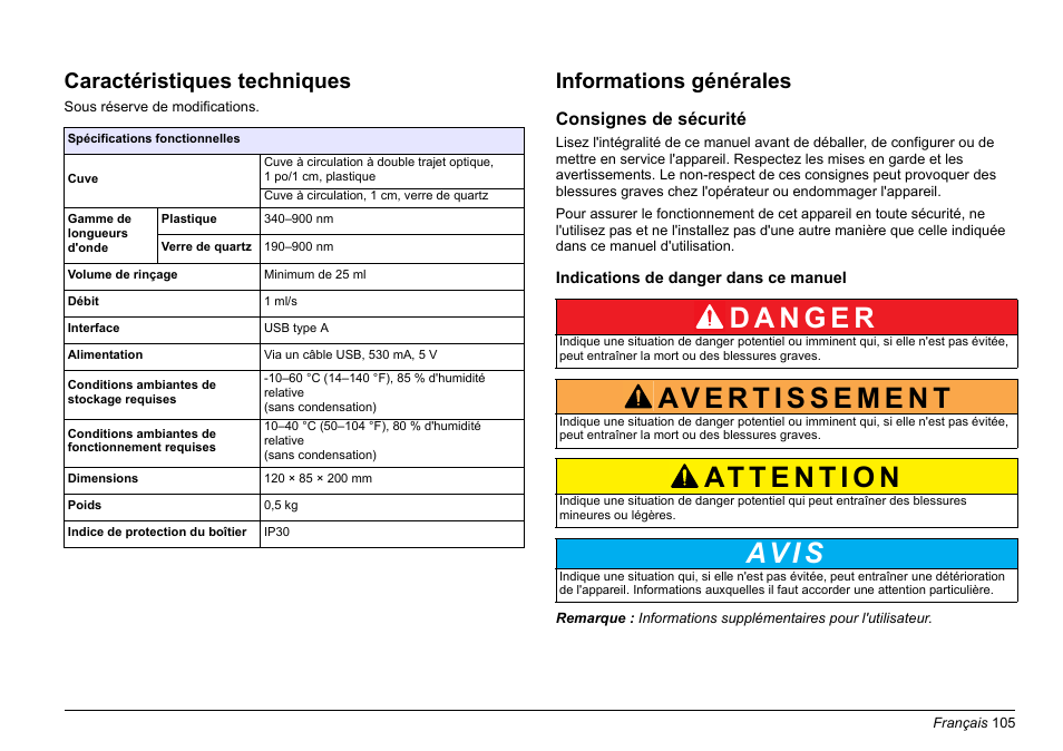 Français, Av i s, Caractéristiques techniques | Informations générales | Hach-Lange SIP 10 User Manual | Page 105 / 273