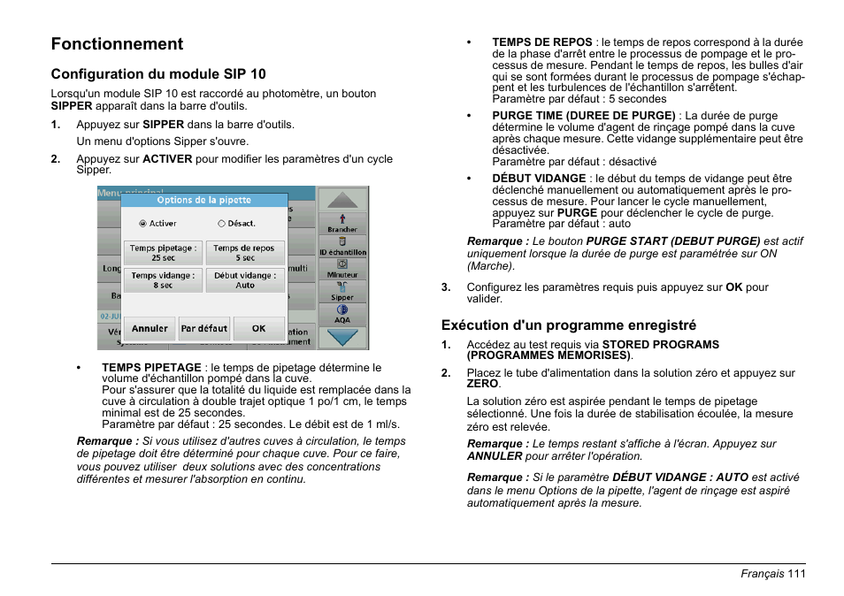 Fonctionnement | Hach-Lange SIP 10 User Manual | Page 111 / 273