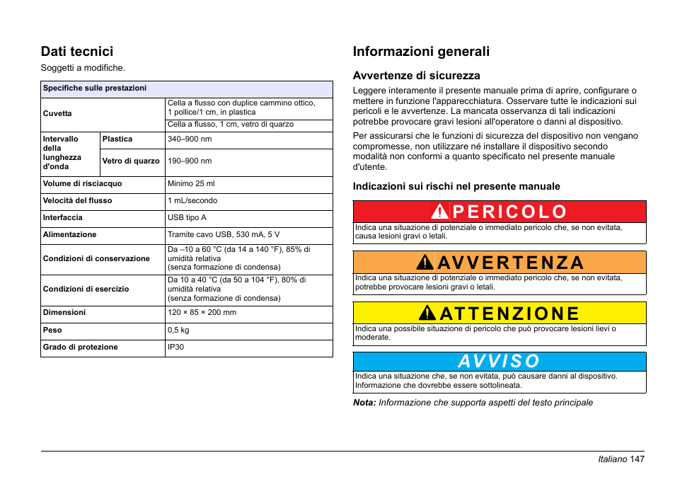 Italiano, Dati tecnici, Informazioni generali | Hach-Lange SIP 10 User Manual | Page 147 / 273