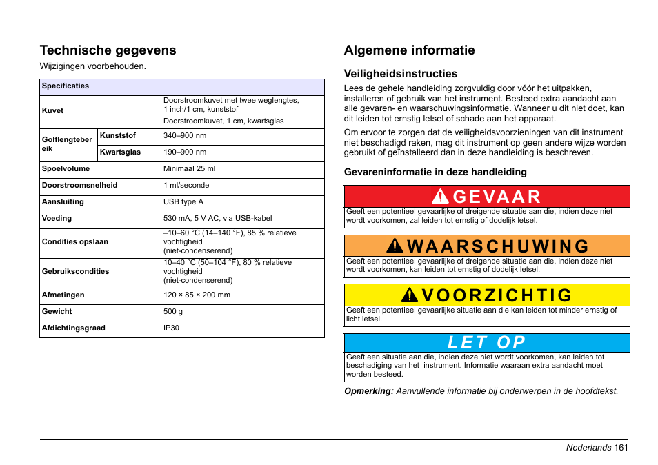 Nederlands, G e va a r, Technische gegevens | Algemene informatie | Hach-Lange SIP 10 User Manual | Page 161 / 273