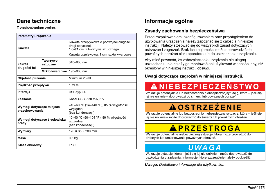 Polski, U wa g a, Dane techniczne | Informacje ogólne | Hach-Lange SIP 10 User Manual | Page 175 / 273