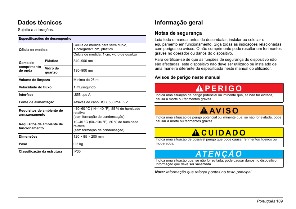 Português, Av i s o, Dados técnicos | Informação geral | Hach-Lange SIP 10 User Manual | Page 189 / 273