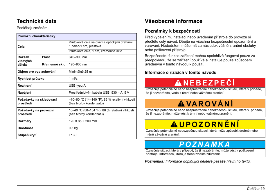 Čeština, Technická data, Všeobecné informace | Hach-Lange SIP 10 User Manual | Page 19 / 273