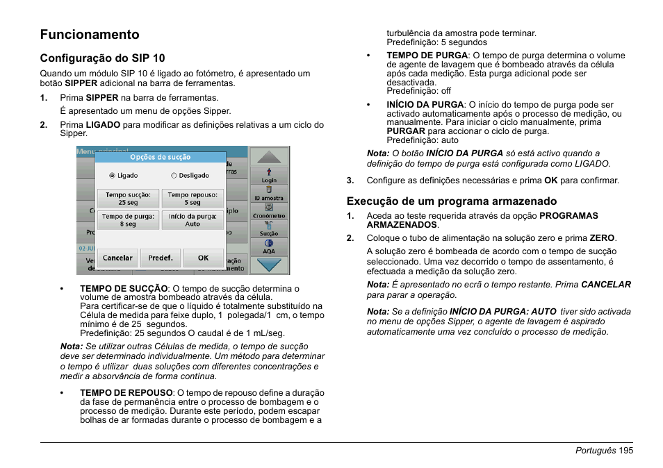 Funcionamento | Hach-Lange SIP 10 User Manual | Page 195 / 273