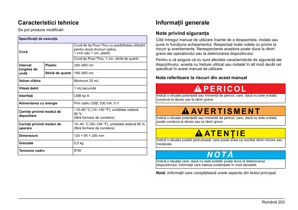 Română, N o t ă, Caracteristici tehnice | Informaţii generale | Hach-Lange SIP 10 User Manual | Page 203 / 273