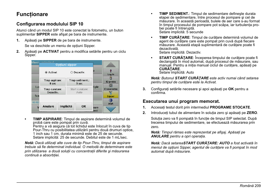Funcţionare | Hach-Lange SIP 10 User Manual | Page 209 / 273