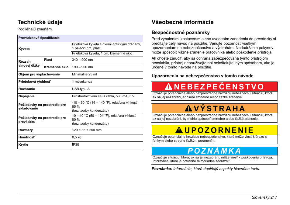 Slovenský jazyk, Technické údaje, Všeobecné informácie | Hach-Lange SIP 10 User Manual | Page 217 / 273