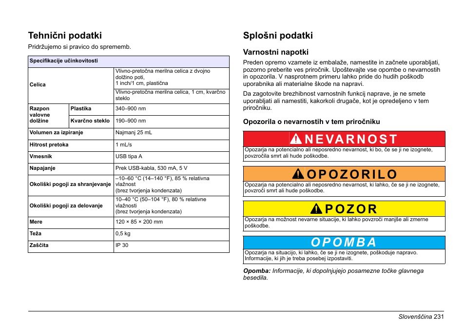 Slovenšcina, Tehnični podatki, Splošni podatki | Hach-Lange SIP 10 User Manual | Page 231 / 273