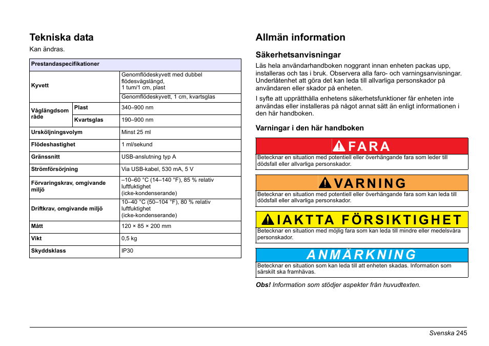 Svenska, Fa r a, Tekniska data | Allmän information | Hach-Lange SIP 10 User Manual | Page 245 / 273