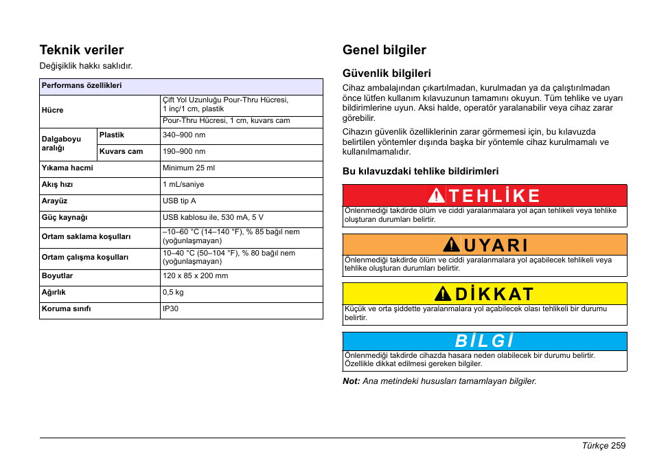 Türkçe, U ya r i, Teknik veriler | Genel bilgiler | Hach-Lange SIP 10 User Manual | Page 259 / 273