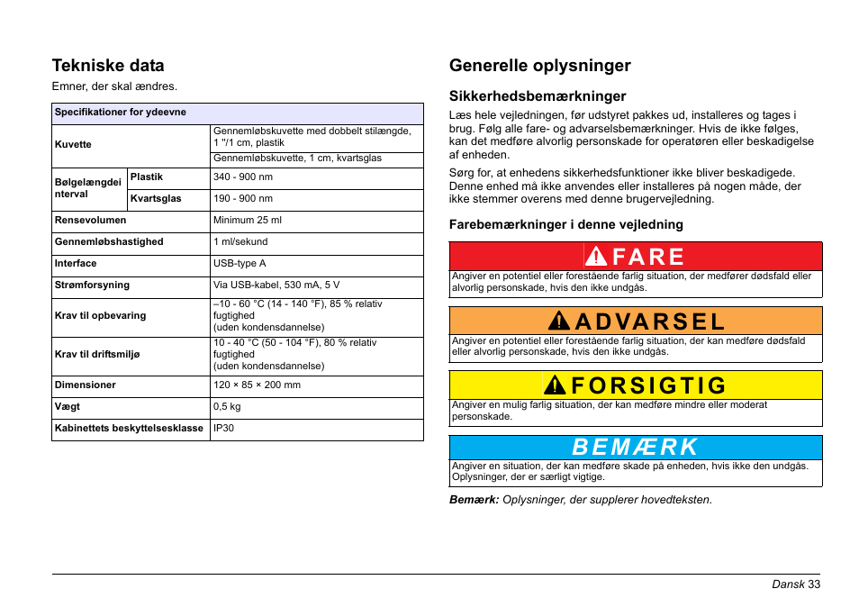 Dansk, Fa r e, Tekniske data | Generelle oplysninger | Hach-Lange SIP 10 User Manual | Page 33 / 273