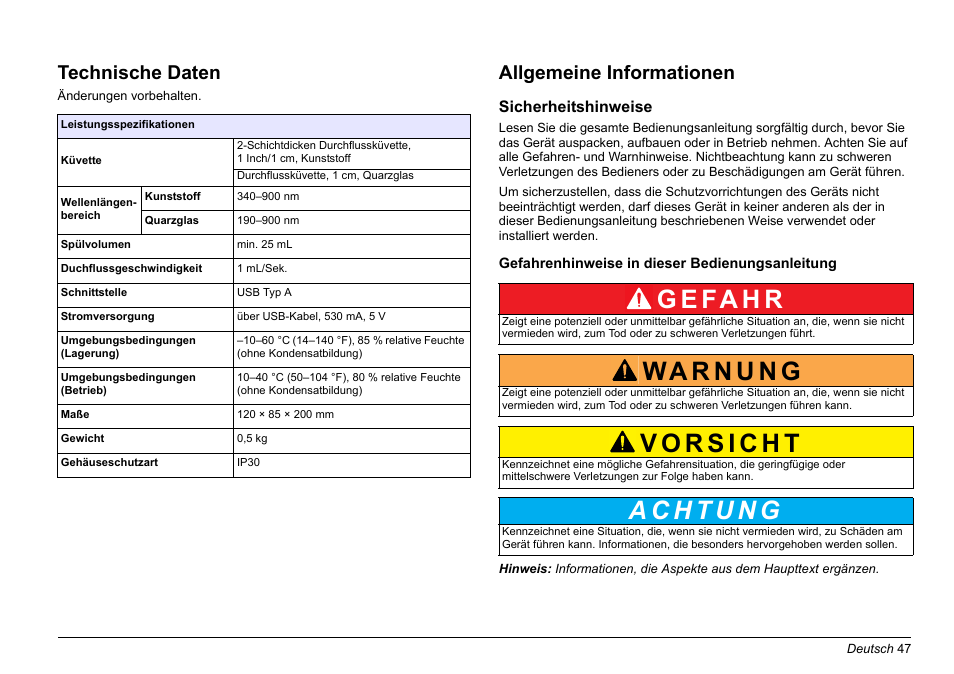 Deutsch, G e fa h r, Technische daten | Allgemeine informationen | Hach-Lange SIP 10 User Manual | Page 47 / 273