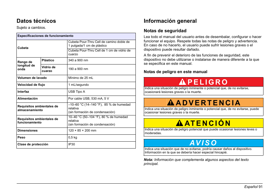 Español, Av i s o, Datos técnicos | Información general | Hach-Lange SIP 10 User Manual | Page 91 / 273