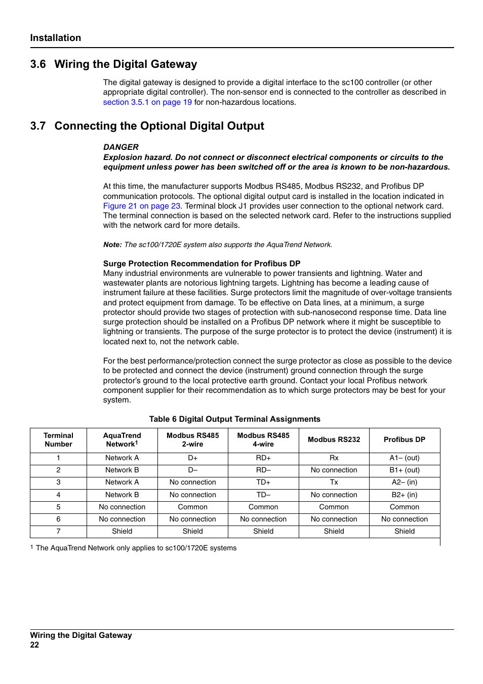 6 wiring the digital gateway, 7 connecting the optional digital output, Installation | Hach-Lange SC 100 User Manual | Page 26 / 58