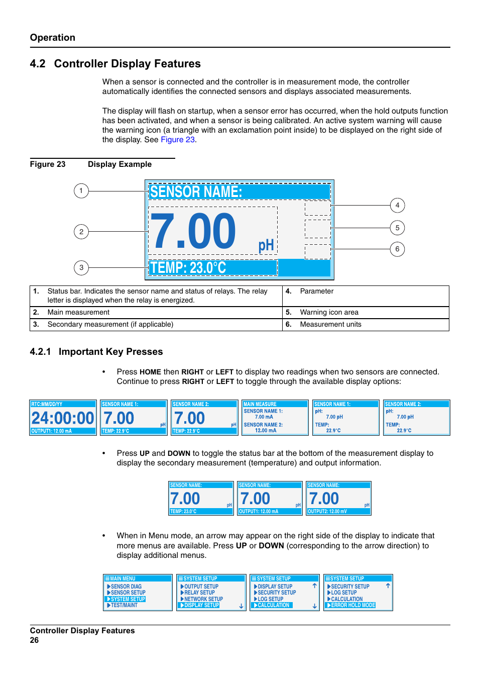 Sensor name: ph temp: 23.0°c, 2 controller display features, Operation | 1 important key presses | Hach-Lange SC 100 User Manual | Page 30 / 58