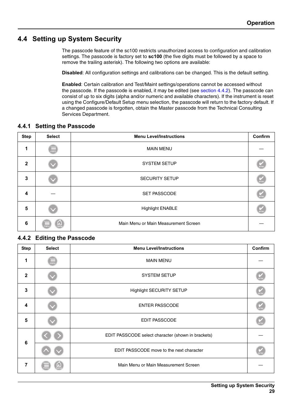 4 setting up system security, Operation, 1 setting the passcode | 2 editing the passcode | Hach-Lange SC 100 User Manual | Page 33 / 58