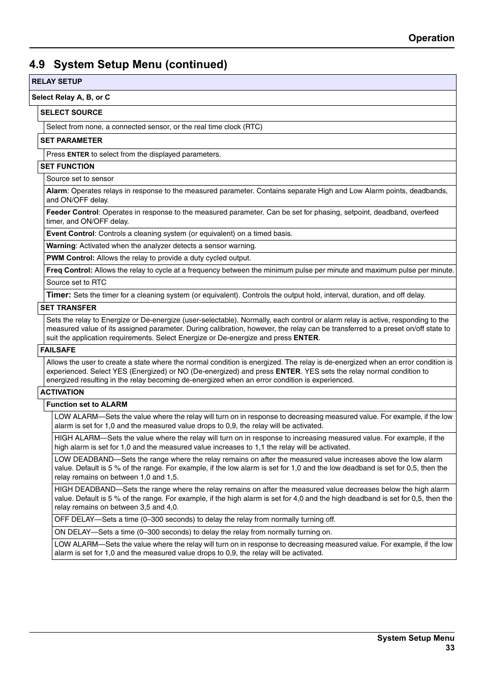 9 system setup menu (continued), Operation | Hach-Lange SC 100 User Manual | Page 37 / 58