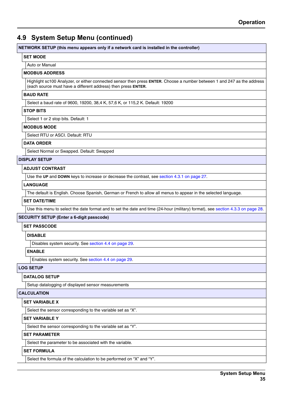 9 system setup menu (continued), Operation | Hach-Lange SC 100 User Manual | Page 39 / 58