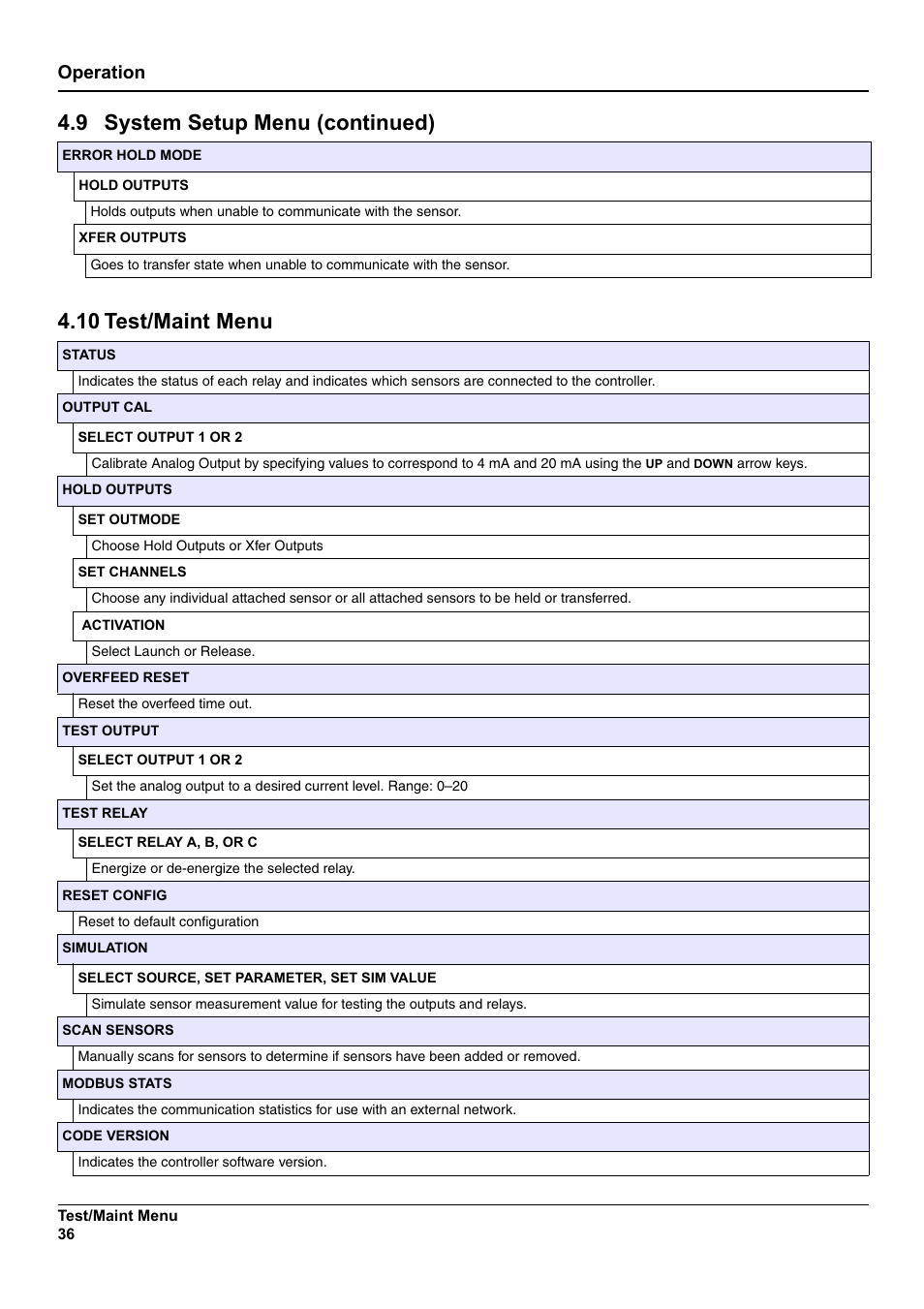 10 test/maint menu, 9 system setup menu (continued), Operation | Hach-Lange SC 100 User Manual | Page 40 / 58