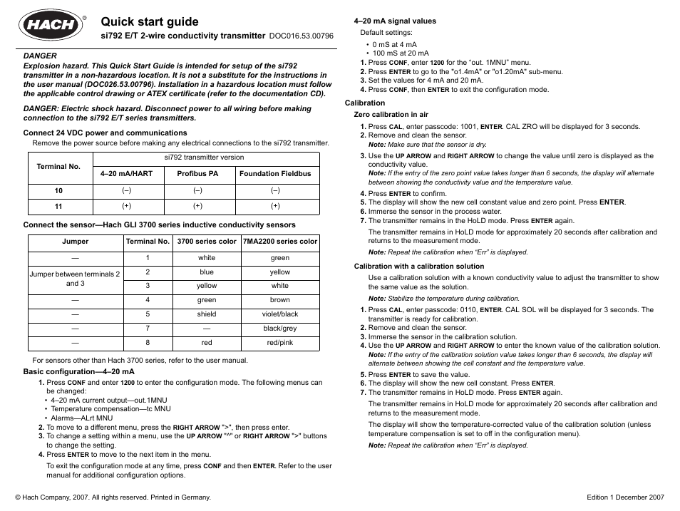 Hach-Lange SI792 E_T Quick start guide User Manual | 2 pages