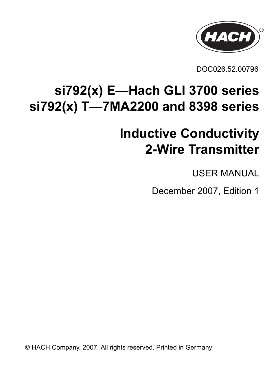 Hach-Lange SI792(x) E HACH GLI 3700 series SI792(x) T 7MA2200 and 8398 series User Manual User Manual | 116 pages